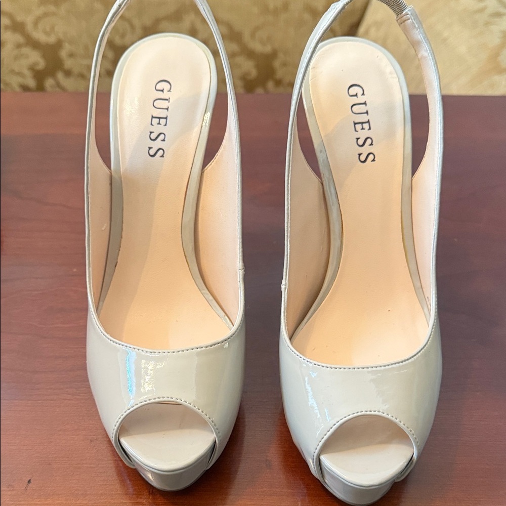 Guess by Marciano Cream Peep-Toe Slingback Heels